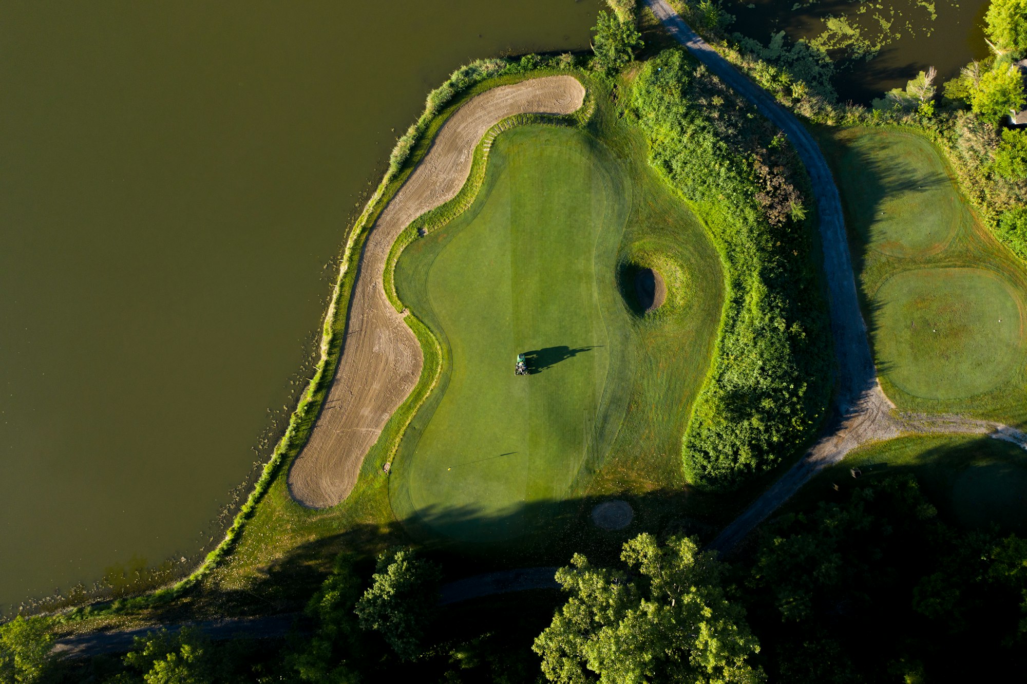 An aerial view of a golf green cut into dark woodland