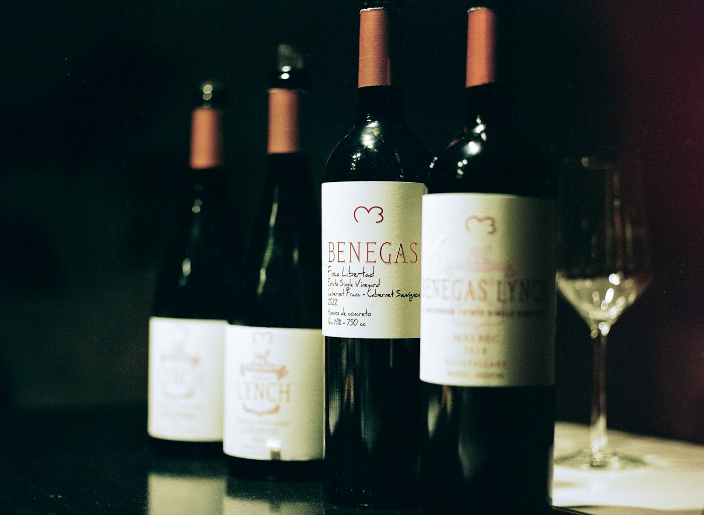 Fine wine bottles and a glass in a dim estate cellar